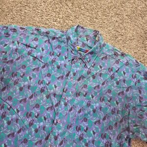 VINTAGE Saturdays Abstract Floral Shirt Mens XL Purple Teal Short Sleeve 90s
